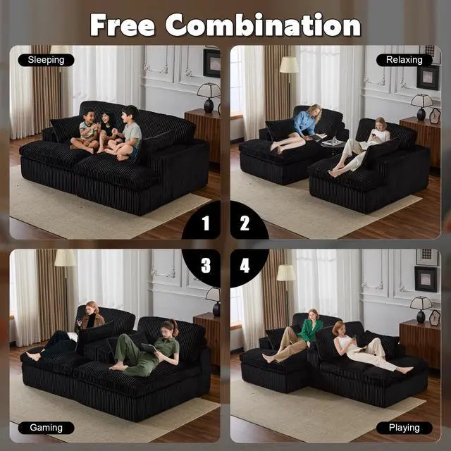 Alt view image 5 of 7 - Double Chaise Lounge Chair Indoor,Oversized Upholstered Sleeper Cloud Couch,Deep Seat Luxury Sofa Bed,Sectional Sofa Chaise Love-seat,Corduroy Reading Chair for Living Room,No Assembly Required,Black