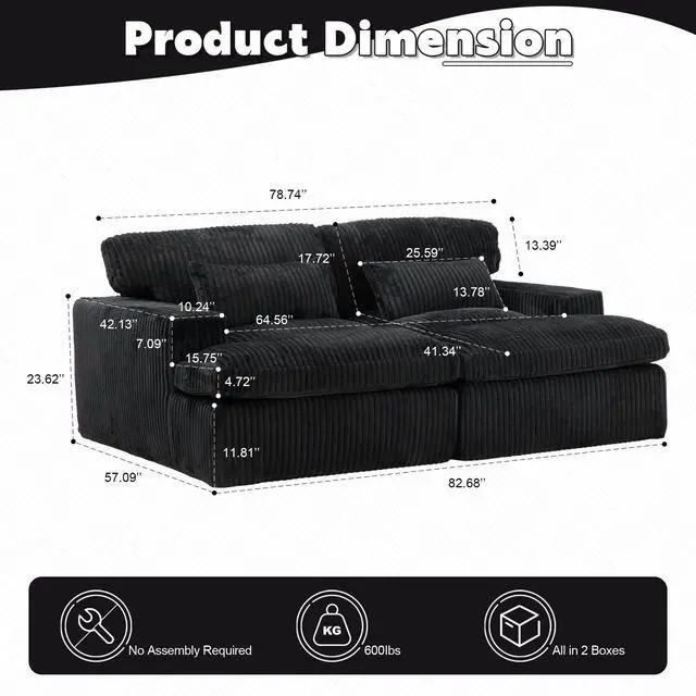 Alt view image 3 of 7 - Double Chaise Lounge Chair Indoor,Oversized Upholstered Sleeper Cloud Couch,Deep Seat Luxury Sofa Bed,Sectional Sofa Chaise Love-seat,Corduroy Reading Chair for Living Room,No Assembly Required,Black