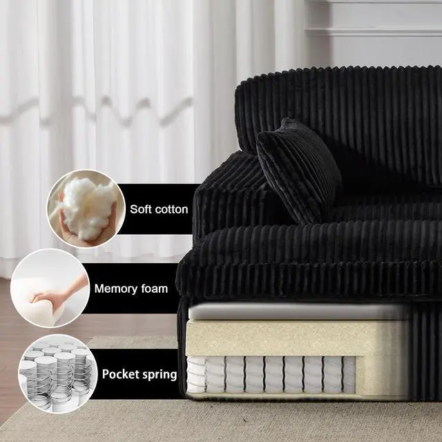 Alt view image 4 of 7 - Double Chaise Lounge Chair Indoor,Oversized Upholstered Sleeper Cloud Couch,Deep Seat Luxury Sofa Bed,Sectional Sofa Chaise Love-seat,Corduroy Reading Chair for Living Room,No Assembly Required,Black