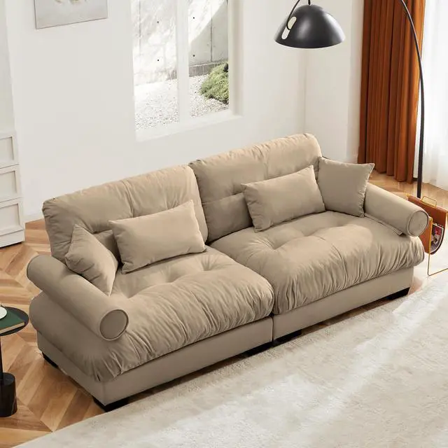 Main image of Large Size Modern Two-seater Sofa with Bolstered Armrests,Velvet 2-Seater Sofa With Waist Pillows and Throw Pillows , Suitable for Living Room , Loft, Working Spaces , Hallway and Bedroom,Camel