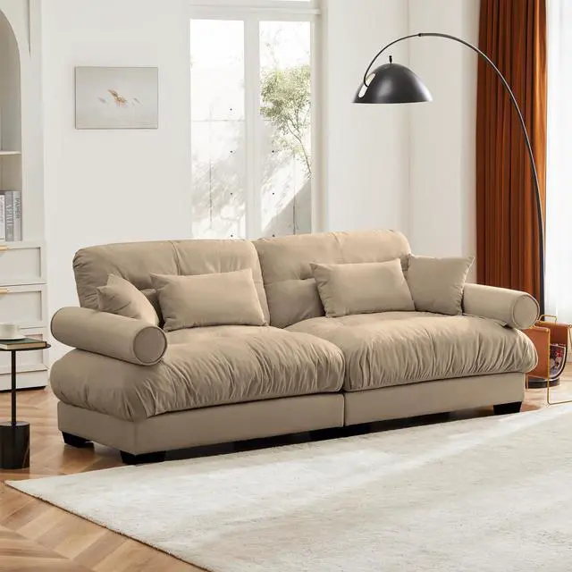Alt view image 3 of 7 - Large Size Modern Two-seater Sofa with Bolstered Armrests,Velvet 2-Seater Sofa With Waist Pillows and Throw Pillows , Suitable for Living Room , Loft, Working Spaces , Hallway and Bedroom,Camel