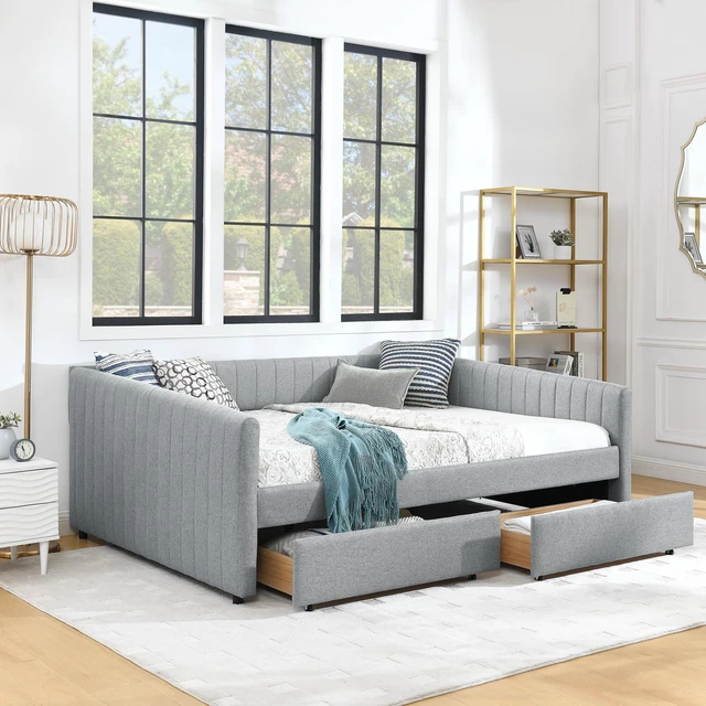 Alt view image 2 of 7 - Queen Size Daybed with Two Drawers Trundle Upholstered Sofa Bed, with Vertical Stripes Linen Fabric, Grey (86.5"x65"x30")