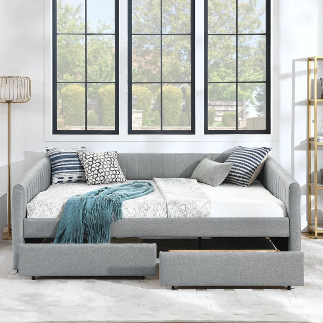Alt view image 3 of 7 - Queen Size Daybed with Two Drawers Trundle Upholstered Sofa Bed, with Vertical Stripes Linen Fabric, Grey (86.5"x65"x30")
