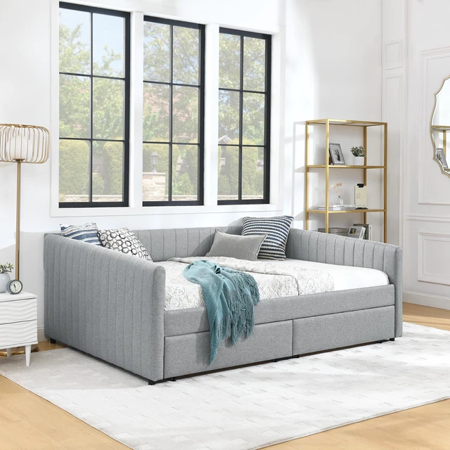 Alt view image 5 of 7 - Queen Size Daybed with Two Drawers Trundle Upholstered Sofa Bed, with Vertical Stripes Linen Fabric, Grey (86.5"x65"x30")
