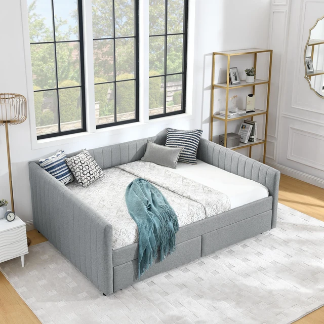 Alt view image 4 of 7 - Queen Size Daybed with Two Drawers Trundle Upholstered Sofa Bed, with Vertical Stripes Linen Fabric, Grey (86.5"x65"x30")