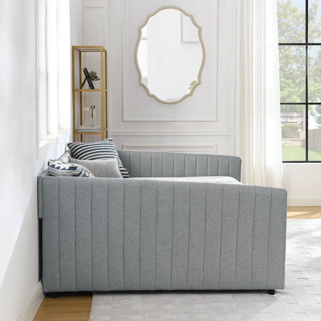 Alt view image 7 of 7 - Queen Size Daybed with Two Drawers Trundle Upholstered Sofa Bed, with Vertical Stripes Linen Fabric, Grey (86.5"x65"x30")