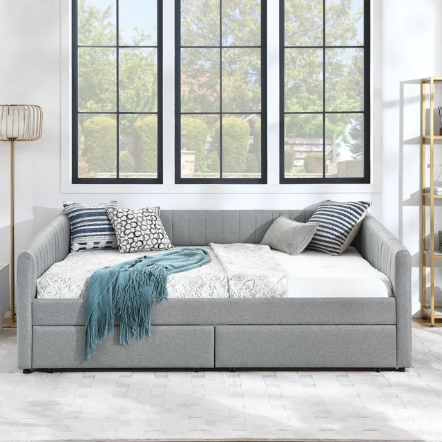 Alt view image 6 of 7 - Queen Size Daybed with Two Drawers Trundle Upholstered Sofa Bed, with Vertical Stripes Linen Fabric, Grey (86.5"x65"x30")