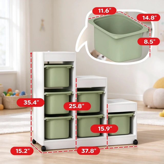 Alt view image 4 of 7 - 3-Tier Kids Toy Storage Organizer with 6 Removable Storage Bins, Children Bookshelf, Toy Storage Cabinet for Playroom, Bedroom, Kids Ages 3-8
