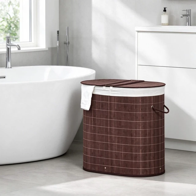 Alt view image 2 of 7 - Modern Woven Bamboo Laundry Hamper, Dual Compartment Laundry Basket with Lid, Removable Fabric Liner & Side Handles for Dirty Clothes Storage