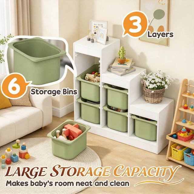 Alt view image 7 of 7 - 3-Tier Kids Toy Storage Organizer with 6 Removable Storage Bins, Children Bookshelf, Toy Storage Cabinet for Playroom, Bedroom, Kids Ages 3-8