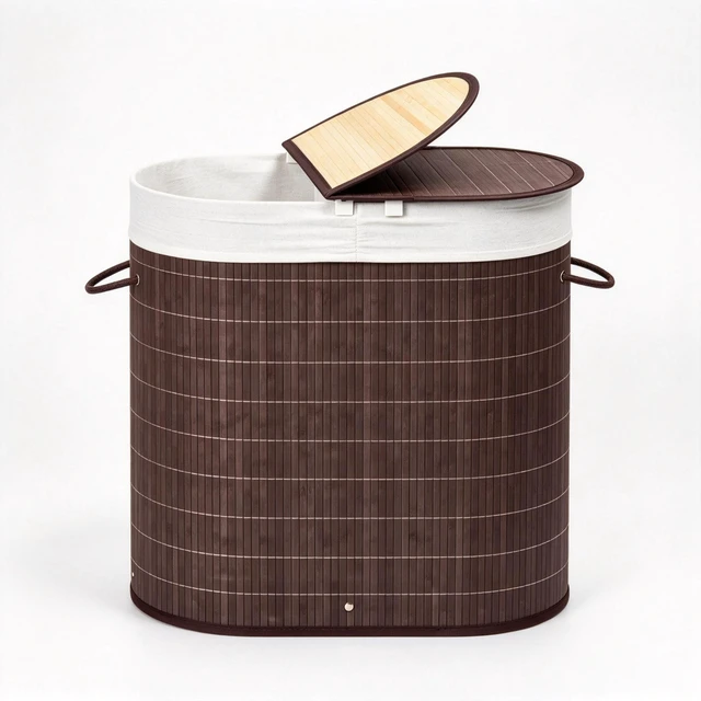 Alt view image 3 of 7 - Modern Woven Bamboo Laundry Hamper, Dual Compartment Laundry Basket with Lid, Removable Fabric Liner & Side Handles for Dirty Clothes Storage