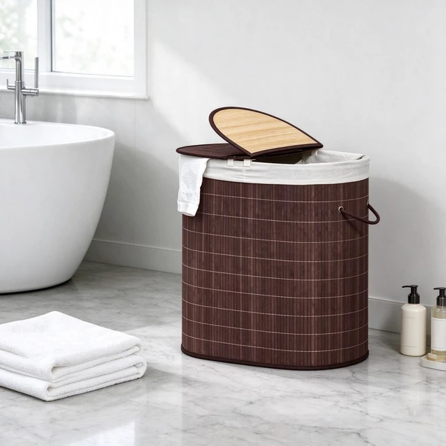 Main image of Modern Woven Bamboo Laundry Hamper, Dual Compartment Laundry Basket with Lid, Removable Fabric Liner & Side Handles for Dirty Clothes Storage
