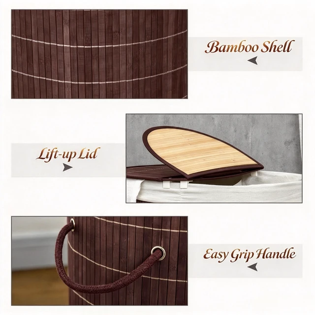Alt view image 5 of 7 - Modern Woven Bamboo Laundry Hamper, Dual Compartment Laundry Basket with Lid, Removable Fabric Liner & Side Handles for Dirty Clothes Storage