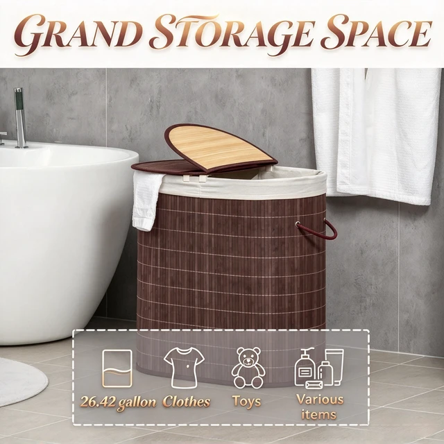 Alt view image 4 of 7 - Modern Woven Bamboo Laundry Hamper, Dual Compartment Laundry Basket with Lid, Removable Fabric Liner & Side Handles for Dirty Clothes Storage