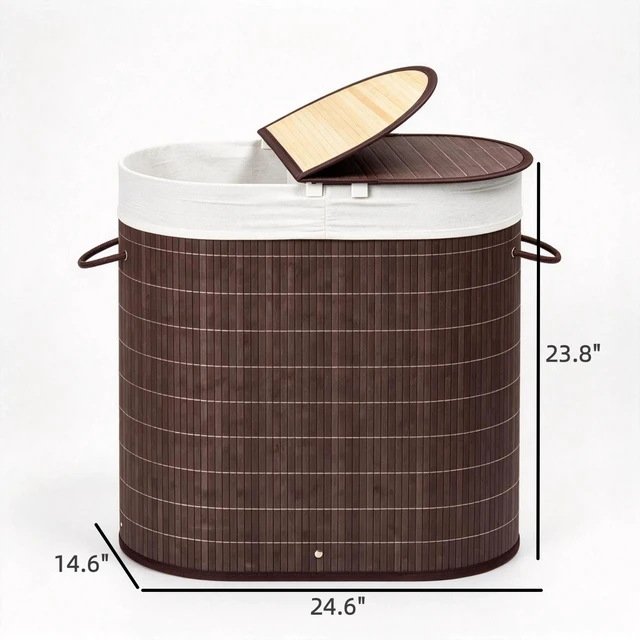 Alt view image 6 of 7 - Modern Woven Bamboo Laundry Hamper, Dual Compartment Laundry Basket with Lid, Removable Fabric Liner & Side Handles for Dirty Clothes Storage
