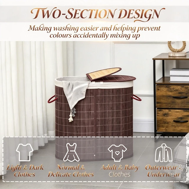 Alt view image 7 of 7 - Modern Woven Bamboo Laundry Hamper, Dual Compartment Laundry Basket with Lid, Removable Fabric Liner & Side Handles for Dirty Clothes Storage