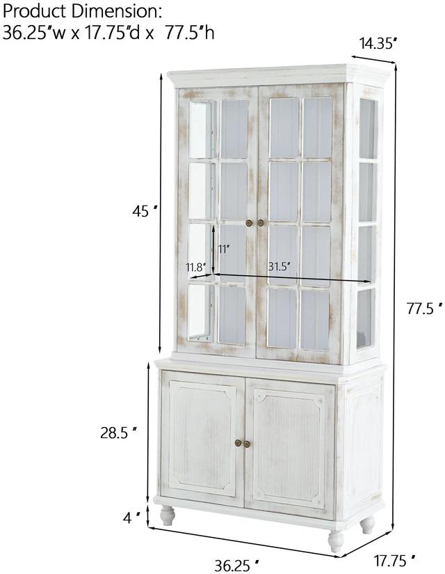 Alt view image 2 of 7 - 77.5''H Vintage Storage Display Cabinet, Farmhouse Style Pantry, with Glass Doors, Hutch Cabinet 3-Sided Glass, Curio Cabinet with Ash Wood Grain, for Hallways, Livingroom Kitchen & Office - Whitewash
