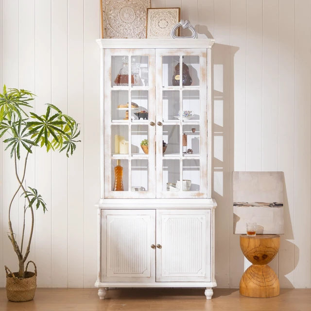 Alt view image 3 of 7 - 77.5''H Vintage Storage Display Cabinet, Farmhouse Style Pantry, with Glass Doors, Hutch Cabinet 3-Sided Glass, Curio Cabinet with Ash Wood Grain, for Hallways, Livingroom Kitchen & Office - Whitewash