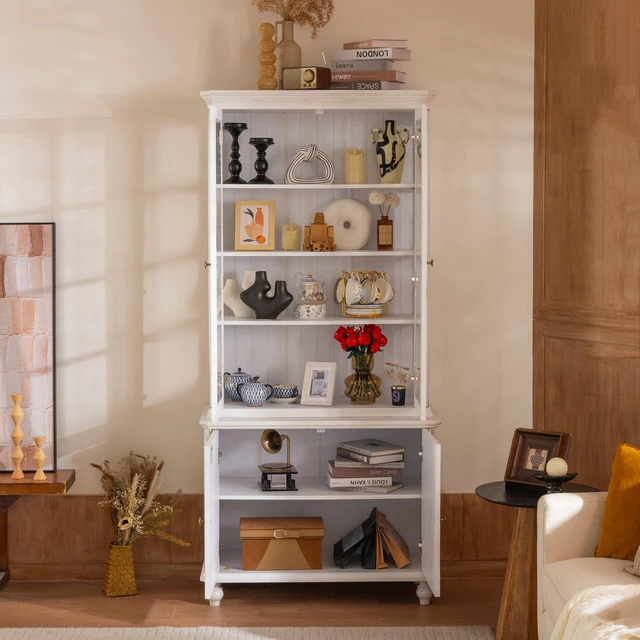 Alt view image 6 of 7 - 77.5''H Vintage Storage Display Cabinet, Farmhouse Style Pantry, with Glass Doors, Hutch Cabinet 3-Sided Glass, Curio Cabinet with Ash Wood Grain, for Hallways, Livingroom Kitchen & Office - Whitewash