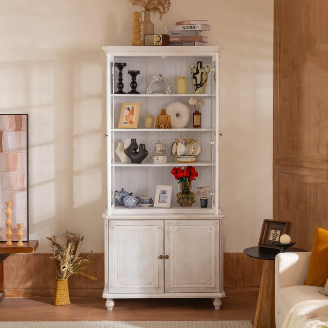 Alt view image 5 of 7 - 77.5''H Vintage Storage Display Cabinet, Farmhouse Style Pantry, with Glass Doors, Hutch Cabinet 3-Sided Glass, Curio Cabinet with Ash Wood Grain, for Hallways, Livingroom Kitchen & Office - Whitewash