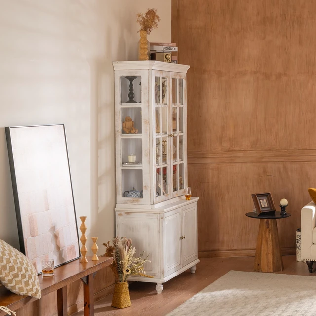 Alt view image 7 of 7 - 77.5''H Vintage Storage Display Cabinet, Farmhouse Style Pantry, with Glass Doors, Hutch Cabinet 3-Sided Glass, Curio Cabinet with Ash Wood Grain, for Hallways, Livingroom Kitchen & Office - Whitewash