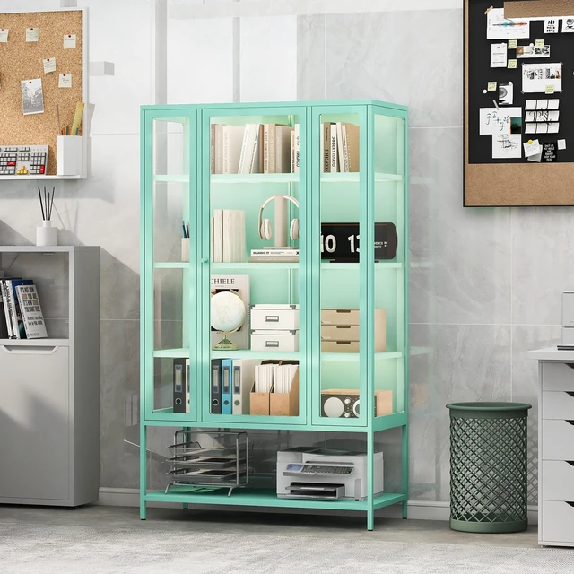 Main image of 67.25'' Tall Iron Display Cabinet with Glass Door and LED Lights Steel Curio Cabinet for Collectibles Figures Trophies 3-Sided Glass Display Case for Home Office Study Room Stores Playroom - Cyan