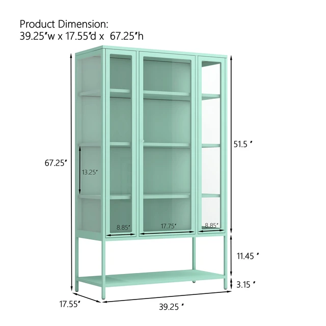 Alt view image 2 of 7 - 67.25'' Tall Iron Display Cabinet with Glass Door and LED Lights Steel Curio Cabinet for Collectibles Figures Trophies 3-Sided Glass Display Case for Home Office Study Room Stores Playroom - Cyan