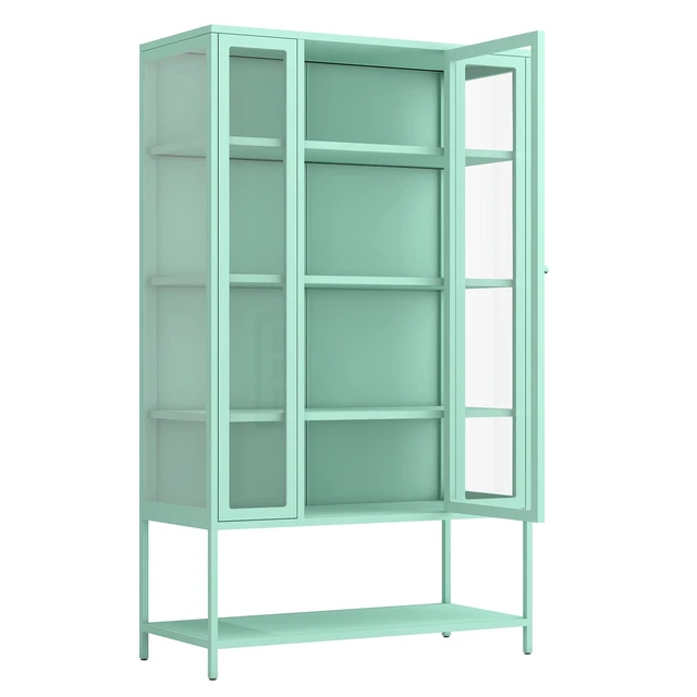 Alt view image 6 of 7 - 67.25'' Tall Iron Display Cabinet with Glass Door and LED Lights Steel Curio Cabinet for Collectibles Figures Trophies 3-Sided Glass Display Case for Home Office Study Room Stores Playroom - Cyan