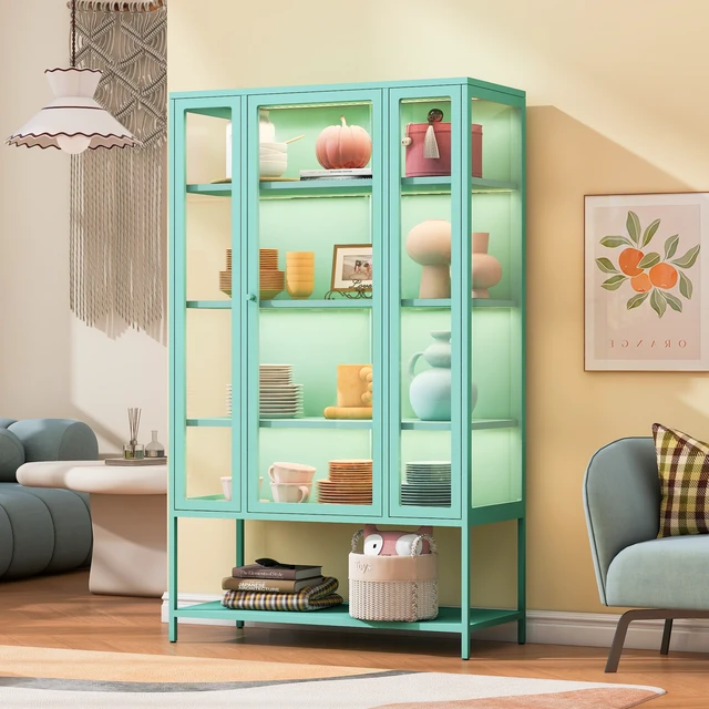 Alt view image 4 of 7 - 67.25'' Tall Iron Display Cabinet with Glass Door and LED Lights Steel Curio Cabinet for Collectibles Figures Trophies 3-Sided Glass Display Case for Home Office Study Room Stores Playroom - Cyan