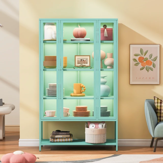 Alt view image 3 of 7 - 67.25'' Tall Iron Display Cabinet with Glass Door and LED Lights Steel Curio Cabinet for Collectibles Figures Trophies 3-Sided Glass Display Case for Home Office Study Room Stores Playroom - Cyan