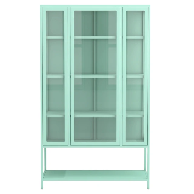 Alt view image 7 of 7 - 67.25'' Tall Iron Display Cabinet with Glass Door and LED Lights Steel Curio Cabinet for Collectibles Figures Trophies 3-Sided Glass Display Case for Home Office Study Room Stores Playroom - Cyan