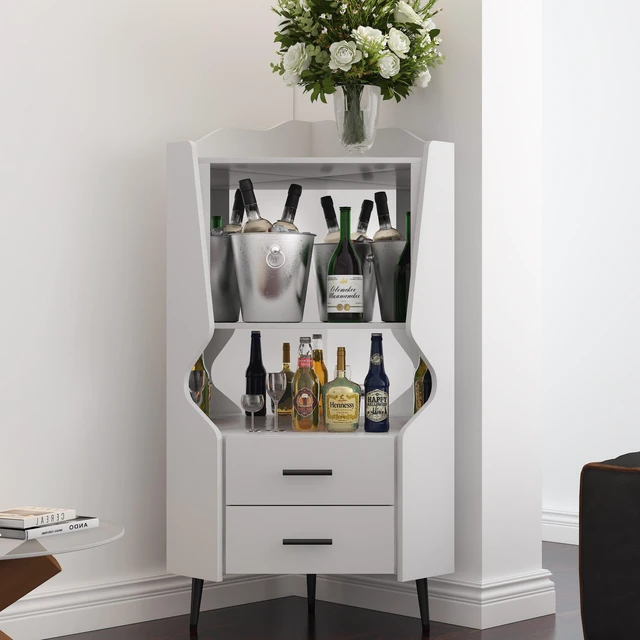 Main image of Wooden Corner bar cabinet with 2 open storage shelves and 2 drawers, mirrored back sideboard cabinet, high feet/legs for easy cleaning, buffet cabinet WHITE