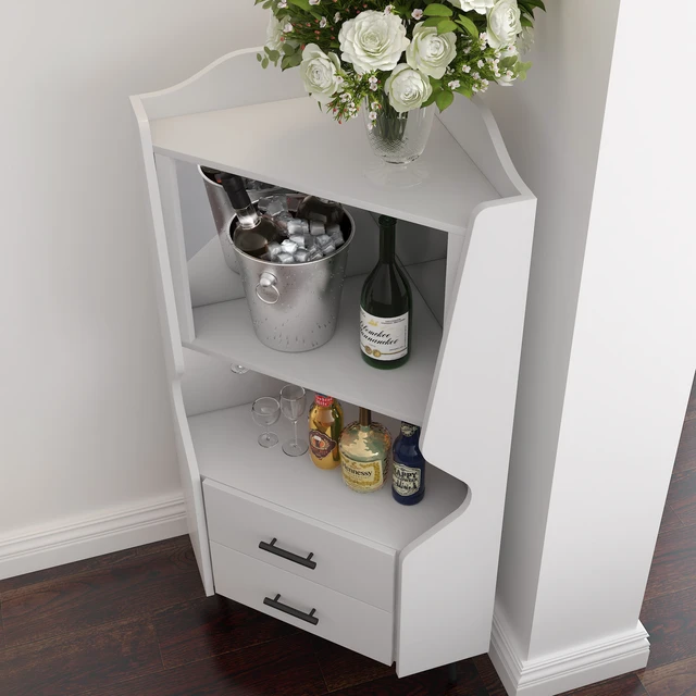 Alt view image 5 of 7 - Wooden Corner bar cabinet with 2 open storage shelves and 2 drawers, mirrored back sideboard cabinet, high feet/legs for easy cleaning, buffet cabinet WHITE