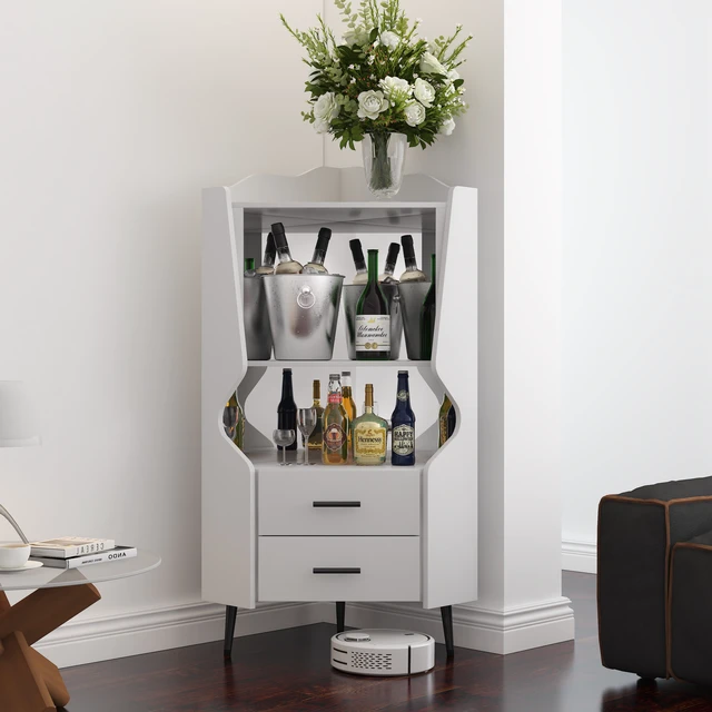 Alt view image 2 of 7 - Wooden Corner bar cabinet with 2 open storage shelves and 2 drawers, mirrored back sideboard cabinet, high feet/legs for easy cleaning, buffet cabinet WHITE