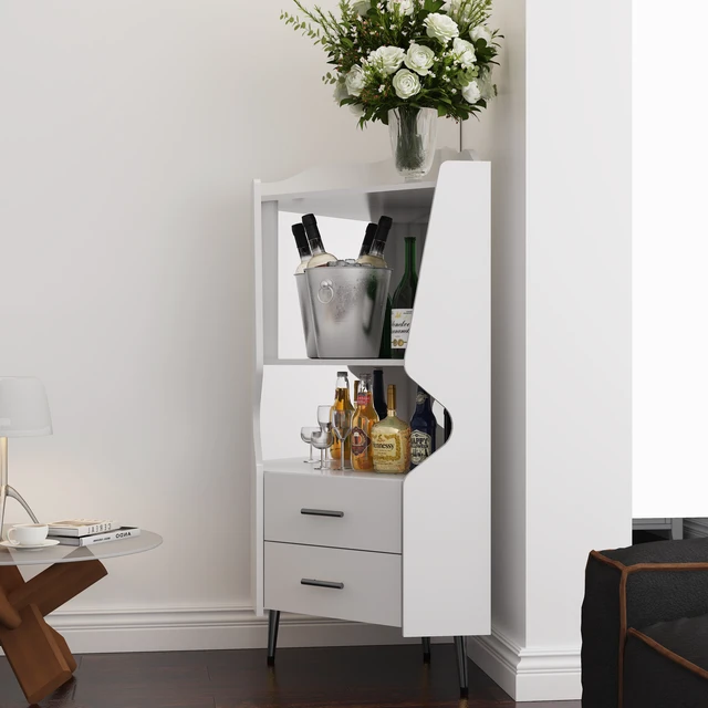 Alt view image 4 of 7 - Wooden Corner bar cabinet with 2 open storage shelves and 2 drawers, mirrored back sideboard cabinet, high feet/legs for easy cleaning, buffet cabinet WHITE