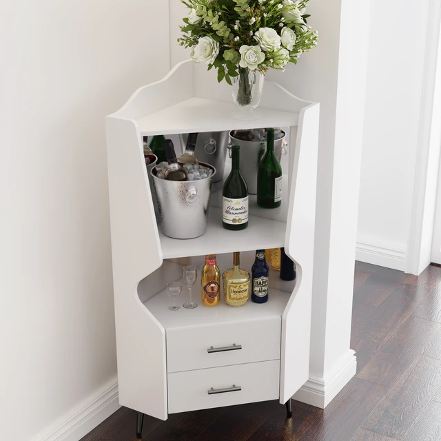 Alt view image 3 of 7 - Wooden Corner bar cabinet with 2 open storage shelves and 2 drawers, mirrored back sideboard cabinet, high feet/legs for easy cleaning, buffet cabinet WHITE