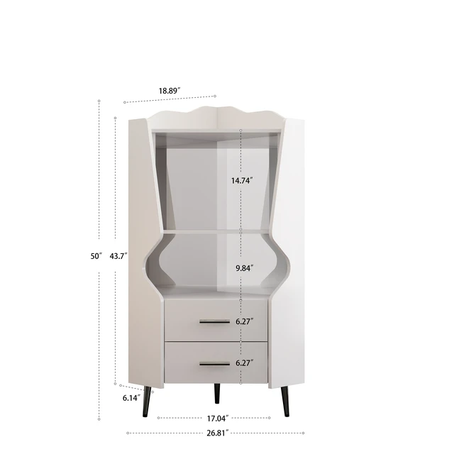 Alt view image 7 of 7 - Wooden Corner bar cabinet with 2 open storage shelves and 2 drawers, mirrored back sideboard cabinet, high feet/legs for easy cleaning, buffet cabinet WHITE