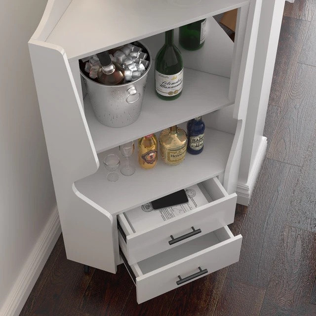 Alt view image 6 of 7 - Wooden Corner bar cabinet with 2 open storage shelves and 2 drawers, mirrored back sideboard cabinet, high feet/legs for easy cleaning, buffet cabinet WHITE