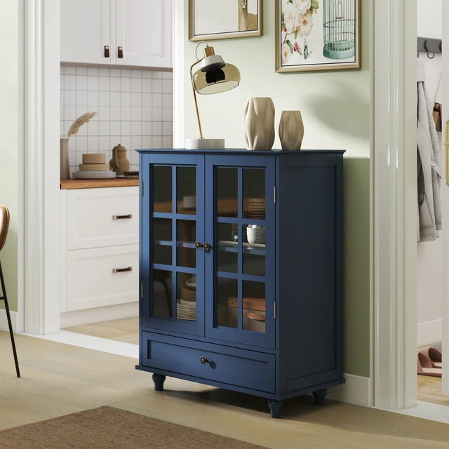 Alt view image 2 of 7 - Minimalist Blue Buffet Cabinet with Double Glass Doors and Drawer, Modern Wooden Storage Sideboard Cupboard for Living room, Dining Room Hallway Entryway(Vintage Blue)