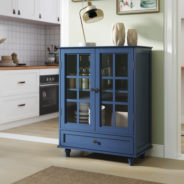 Main image of Minimalist Blue Buffet Cabinet with Double Glass Doors and Drawer, Modern Wooden Storage Sideboard Cupboard for Living room, Dining Room Hallway Entryway(Vintage Blue)