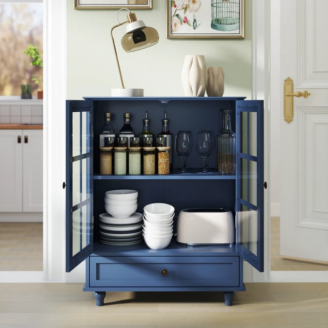 Alt view image 3 of 7 - Minimalist Blue Buffet Cabinet with Double Glass Doors and Drawer, Modern Wooden Storage Sideboard Cupboard for Living room, Dining Room Hallway Entryway(Vintage Blue)
