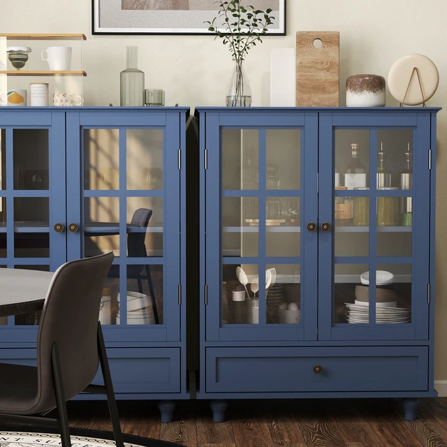 Alt view image 7 of 7 - Minimalist Blue Buffet Cabinet with Double Glass Doors and Drawer, Modern Wooden Storage Sideboard Cupboard for Living room, Dining Room Hallway Entryway(Vintage Blue)