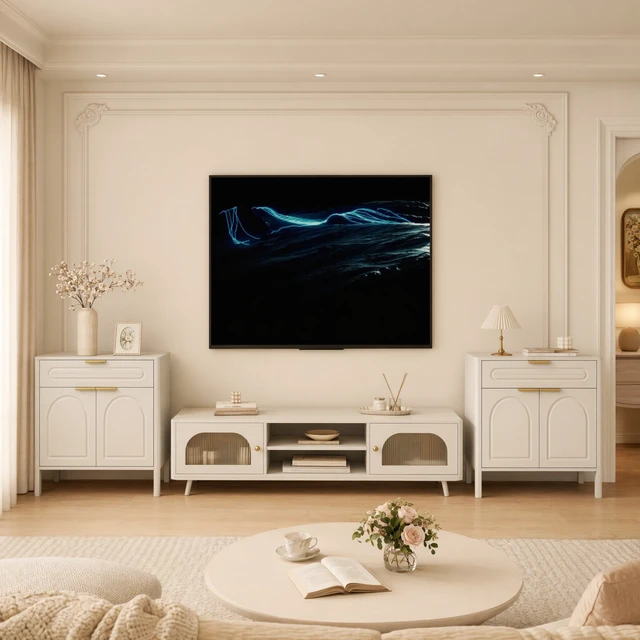 Alt view image 6 of 7 - Modern White Arched Accent Storage Cabinet, Freestanding Sideboard Buffet with Drawer & Curved Gold Metal Handles, Smooth Rounded Edge Console Cabinet for Entryway, Living Room, Kitchen & Dining Room