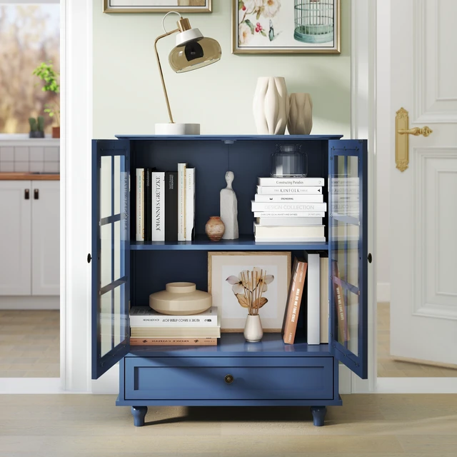 Alt view image 4 of 7 - Minimalist Blue Buffet Cabinet with Double Glass Doors and Drawer, Modern Wooden Storage Sideboard Cupboard for Living room, Dining Room Hallway Entryway(Vintage Blue)