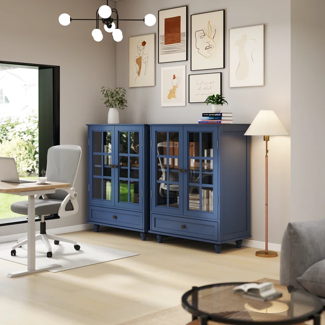 Alt view image 6 of 7 - Minimalist Blue Buffet Cabinet with Double Glass Doors and Drawer, Modern Wooden Storage Sideboard Cupboard for Living room, Dining Room Hallway Entryway(Vintage Blue)