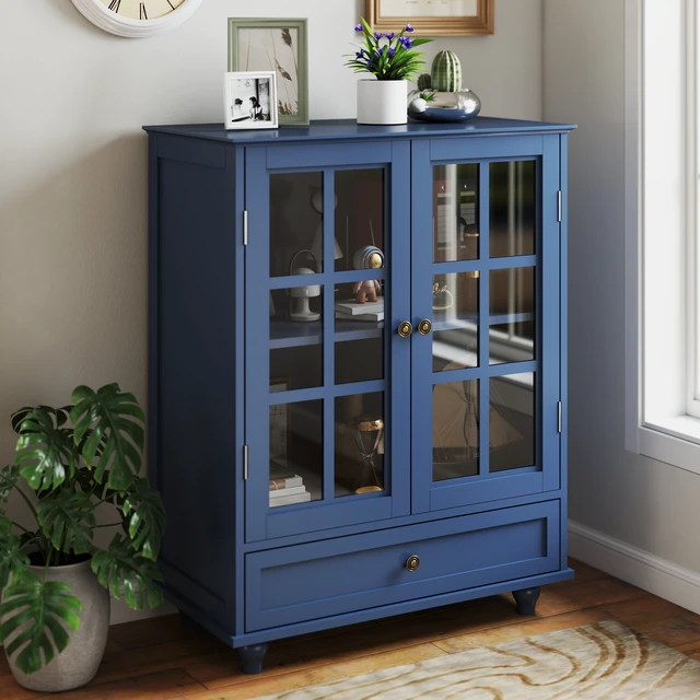 Alt view image 5 of 7 - Minimalist Blue Buffet Cabinet with Double Glass Doors and Drawer, Modern Wooden Storage Sideboard Cupboard for Living room, Dining Room Hallway Entryway(Vintage Blue)