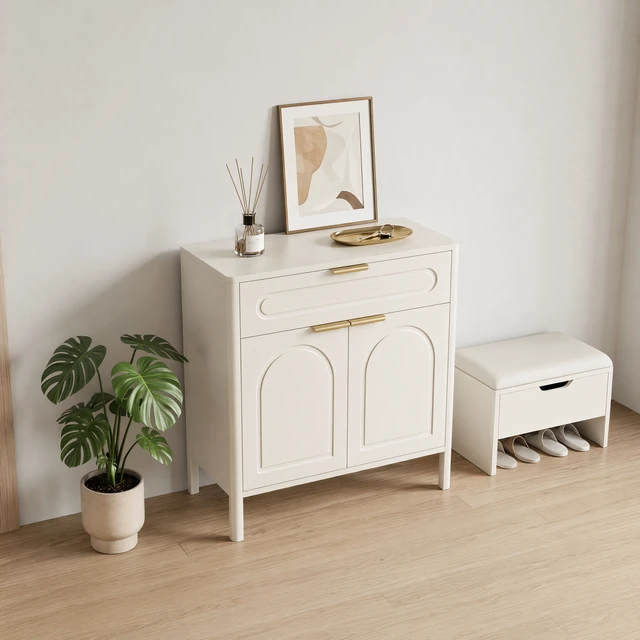 Alt view image 3 of 7 - Modern White Arched Accent Storage Cabinet, Freestanding Sideboard Buffet with Drawer & Curved Gold Metal Handles, Smooth Rounded Edge Console Cabinet for Entryway, Living Room, Kitchen & Dining Room