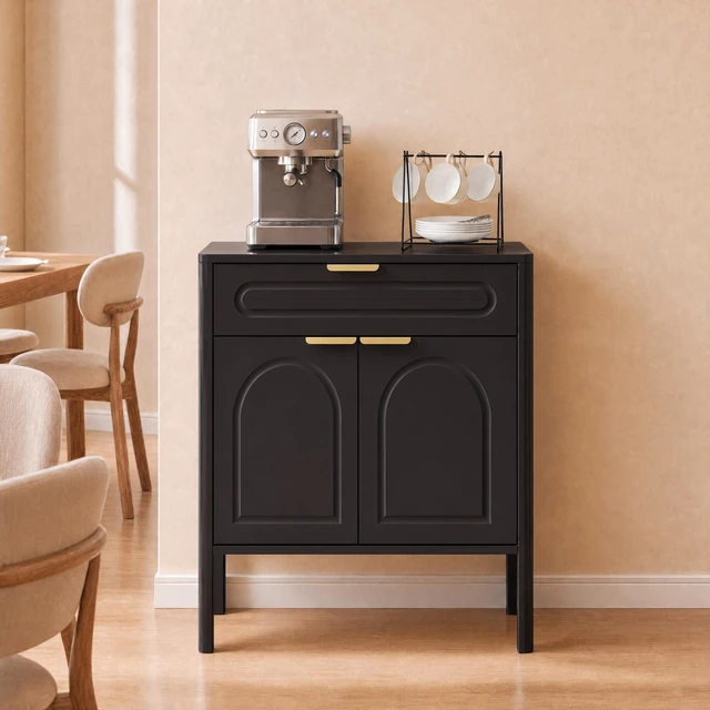 Main image of Modern Black Arched Accent Storage Cabinet, Freestanding Sideboard Buffet with Drawer & Curved Gold Metal Handles, Smooth Rounded Edge Console Cabinet for Entryway, Living Room, Kitchen & Dining Room