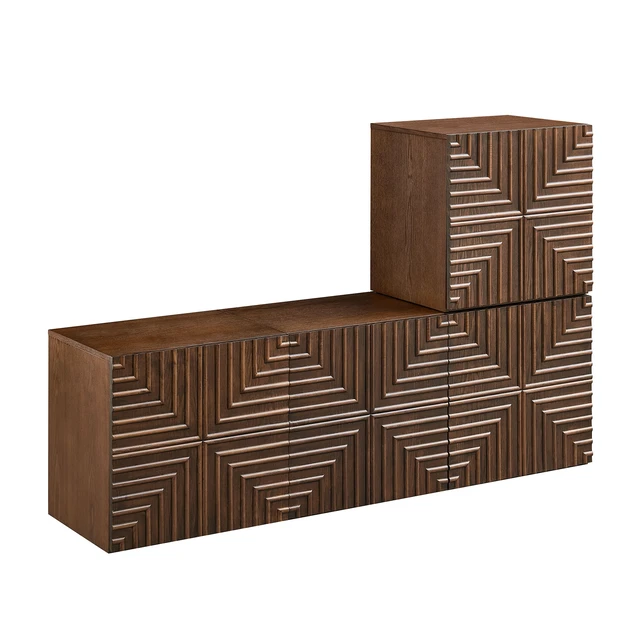 Alt view image 6 of 7 - 20.47'' Wooden Side Cabinet with Geometric Embossed Relief Nightstand with 2 Drawers, Suitable for Bedrooms and Living Rooms,No Need Assembly. BROWN