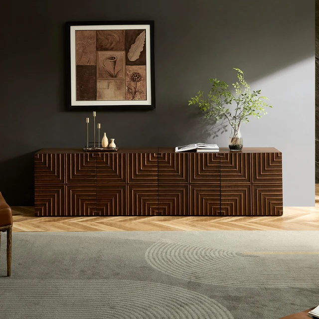 Alt view image 4 of 7 - 20.47'' Wooden Side Cabinet with Geometric Embossed Relief Nightstand with 2 Drawers, Suitable for Bedrooms and Living Rooms,No Need Assembly. BROWN